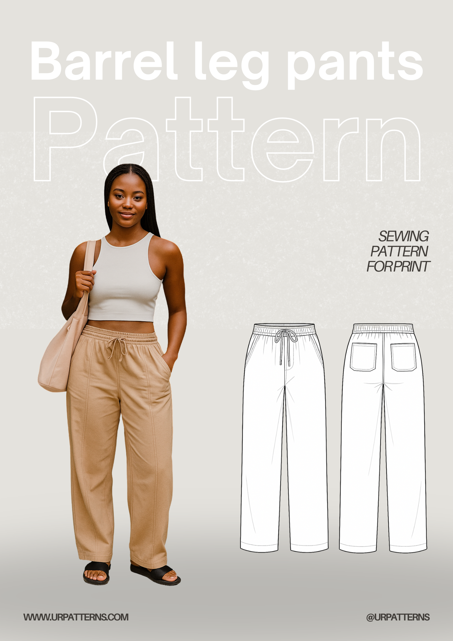 Barrel Leg Pants Sewing Pattern (PDF) – Wide Leg Tapered Ankle Pull-On Pants with Elastic Waist & Pockets – Printable Women’s Pants Pattern